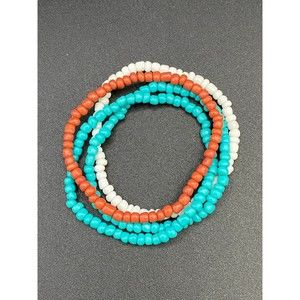 Aqua White and Brown Set Of Four Glass Beaded Expandable Bracelets